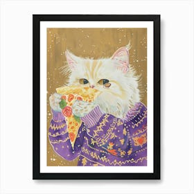 White Cat Pizza Lover Folk Illustration 3 Art Print