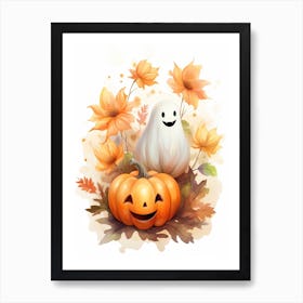 Cute Ghost With Pumpkins Halloween Watercolour 84 Art Print