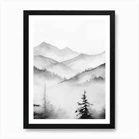 Mountain Forest Black And White Watercolour 2 Art Print