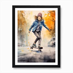 Girl Skateboarding In Warsaw, Poland Watercolour 4 Art Print