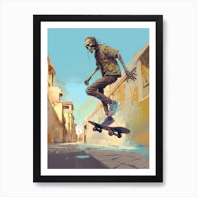 Skeletong Skateboarding In Athens, Greece Drawing Art Print