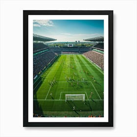 A Dynamic Aerial View Of A World Championship Soccer Match Showcasing Powerful Team Play On The Pri Art Print