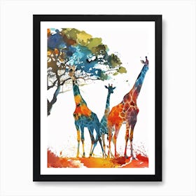 Giraffe Herd Under The Tree Watercolour 7 Art Print