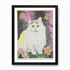 Cute Ragdoll Cat With Flowers Illustration 1 Art Print