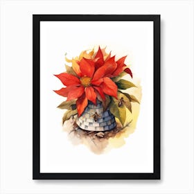 Beehive With Poinsettia Watercolour Illustration 2 Art Print