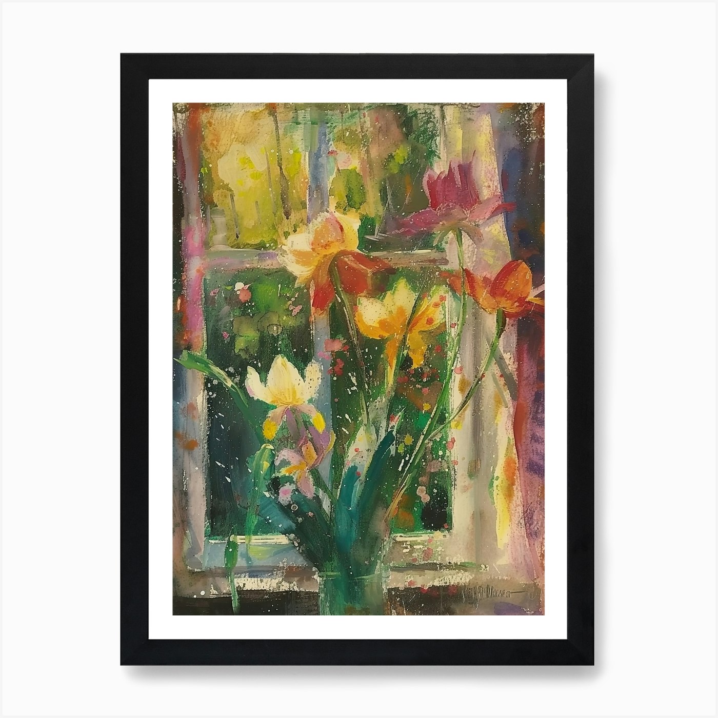 Tulpe Blumen auf einem Landhaus Fenster 4 gerahmte Wandbilder Poster Leinwanddruck Bild - Bild 2 von 4