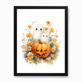 Cute Ghost With Pumpkins Halloween Watercolour 96 Art Print