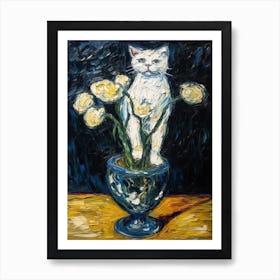 Still Life Of Lisianthus With A Cat 3 Art Print