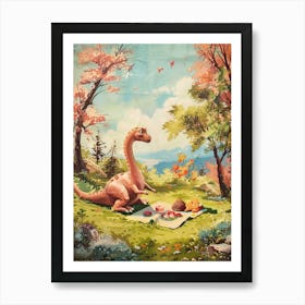 Dinosaur Picnic Vintage Painting Art Print