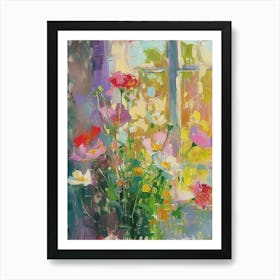 Poppy Flowers On A Cottage Window 1 Art Print