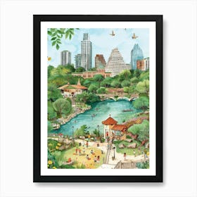 Storybook Illustration Zilker Metropolitan Park Austin Texas 4 Art Print