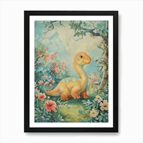 Cute Dinosaur In A Meadow Storybook Painting 4 Art Print