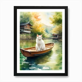 White Cat In A Boat Art Print