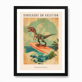 Vintage Deinonychus Dinosaur On A Surf Board 1 Poster Art Print