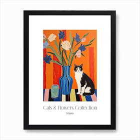 Cats & Flowers Collection Irises Flower Vase And A Cat, A Painting In The Style Of Matisse 0 Art Print