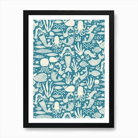 Underwater Mermaids and Sea Life Block Print White on Teal Blue Kids Art Print