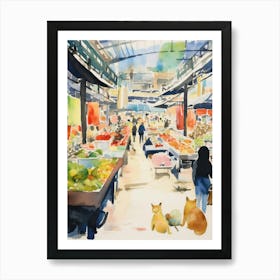 Food Market With Cats In Tokyo 1 Watercolour Art Print