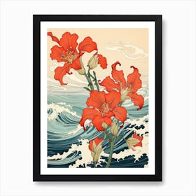 Great Wave With Amaryllis Flower Drawing In The Style Of Ukiyo E 2 Art Print