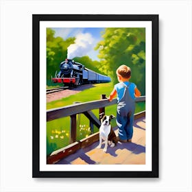 Boy And Dog Looking At Train Art Print