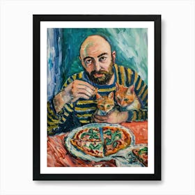 Portrait Of A Man With Cats Eating Pizza 1 Art Print