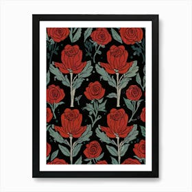 Red Roses On Black Background Art Print