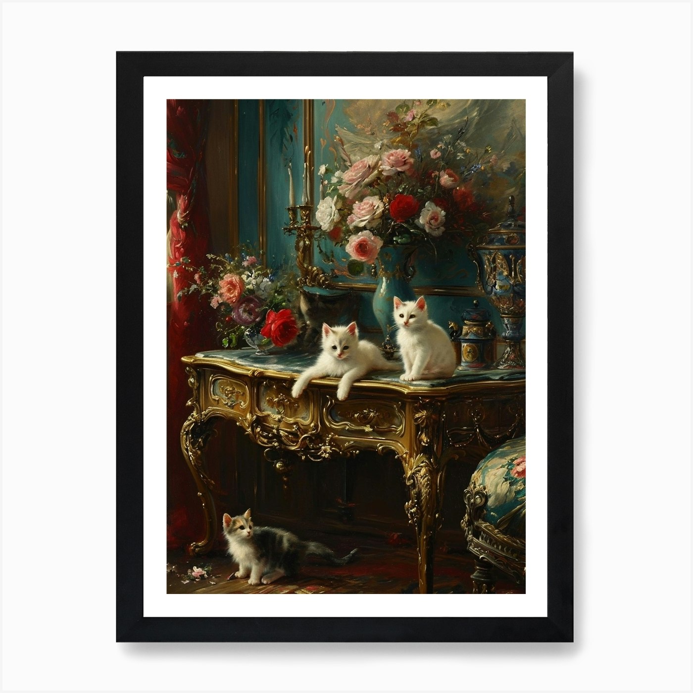Póster arte de pared enmarcado gatitos sentados en la mesa de un palacio lienzo impresión cuadro - Imagen 2 de 4
