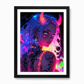 Demon girl with horns, tattoos, and crazy vibes. A sexy, horny, anime girl in an erotic fantasy. Devilish hentai charm, a manga woman, and an alluring female character. Art Print