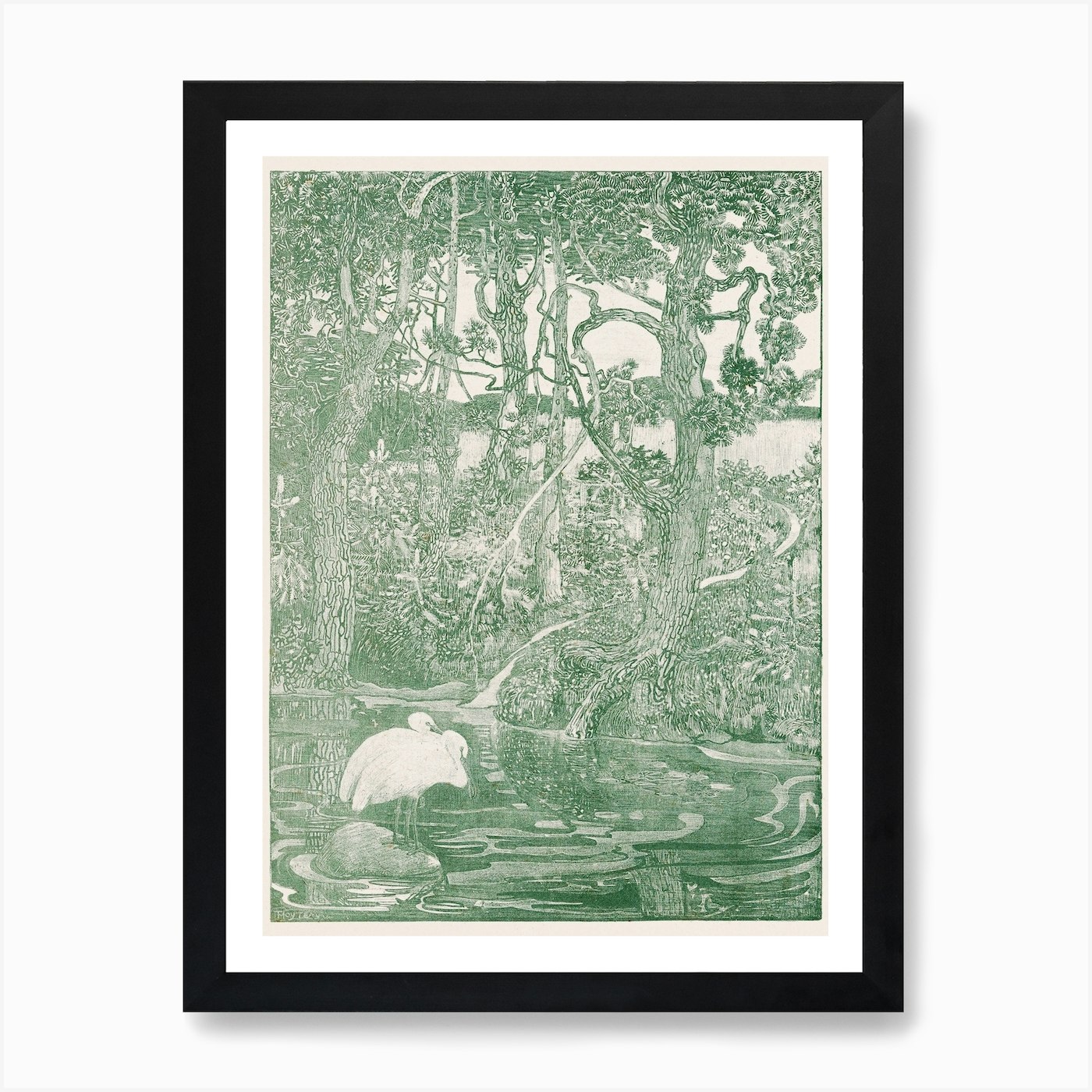 Two Herons At A Forest Pond, Theo V Framed Wall Art Poster Canvas Print Picture - Picture 2 of 4