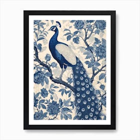 Blue & Cream Vintage Peacock Wallpaper Inspired  2 Art Print