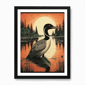 Vintage Bird Linocut Loon 3 Art Print