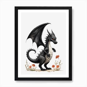 Cute Black Baby Dragon Flowers Painting (4) Art Print
