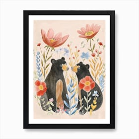 Folksy Floral Animal Drawing Black Bear 2 Art Print