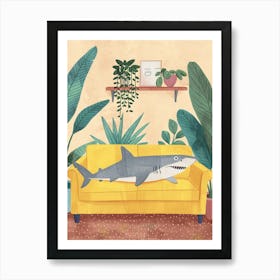 Shark Lying On The Sofa In The Living Room Pastel Watercolour 2 Art Print
