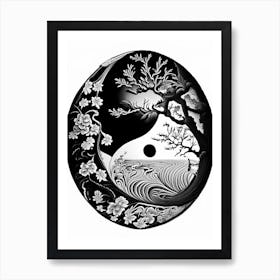 Black And White Yin and Yang Linocut Art Print