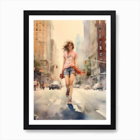 Girl Skateboarding In New York City, United States Watercolour 4 Art Print
