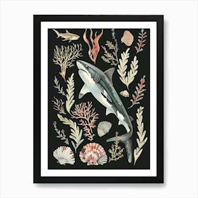 Thresher Shark Seascape Black Background Illustration 2 Art Print
