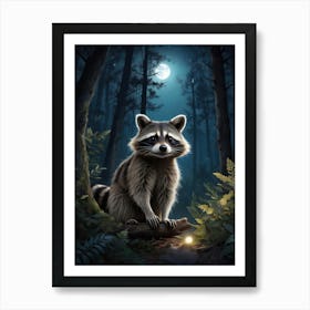 Raccoon In The Woods Night Sky Wildlife Art Print