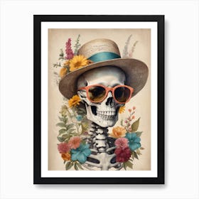 Vintage Floral Skeleton With Hat And Sunglasses (46) Art Print