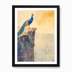 Peacock On A Cliff Edge Watercolour 1 Art Print