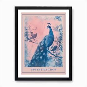 Peacock In A Tree With Other Birds Cyanotype Inspired Poster Art Print