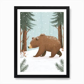 Brown Bear Walking Through A Snow Covered Forest Storybook Illustration 7 Art Print