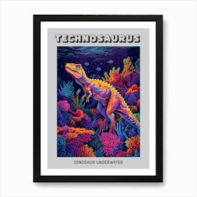 Neon Underwater Dinosaur With Coral Poster Art Print