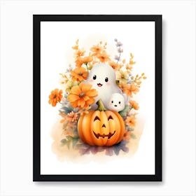 Cute Ghost With Pumpkins Halloween Watercolour 39 Art Print