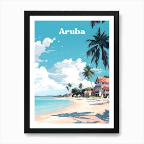 Aruba Street view Beach House Travel Illustration Art Art Print