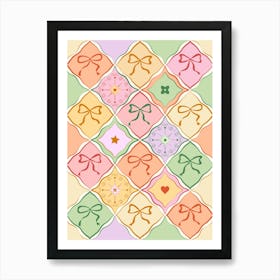 Colorful Coquette Patchwork Quilt with Bows Art Print