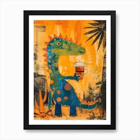 Dinosaur Drinking Coffee Orange Brushstroke 2 Art Print