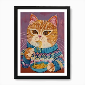 Brown White Cat Eating Pasta Folk Illustration 1 Art Print