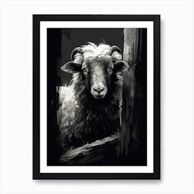 Black & White Illustration Of Highland Sheep In The Barn 1 Art Print