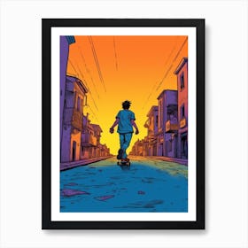 Skateboarding In Lisbon, Portugal Comic Style 3 Art Print