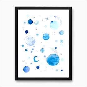 Moon And Stars - Blue Art Print